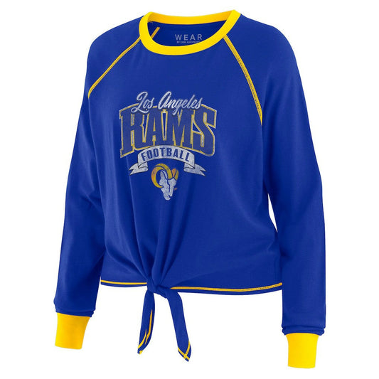 Los Angeles Rams WEAR by Erin Andrews Women's Plus Size Tie-Front Long Sleeve Top - Royal/Gold on sale