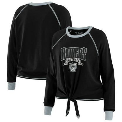 Las Vegas Raiders WEAR by Erin Andrews Women's Plus Size Tie-Front Long Sleeve Top - Black/Gray for sale