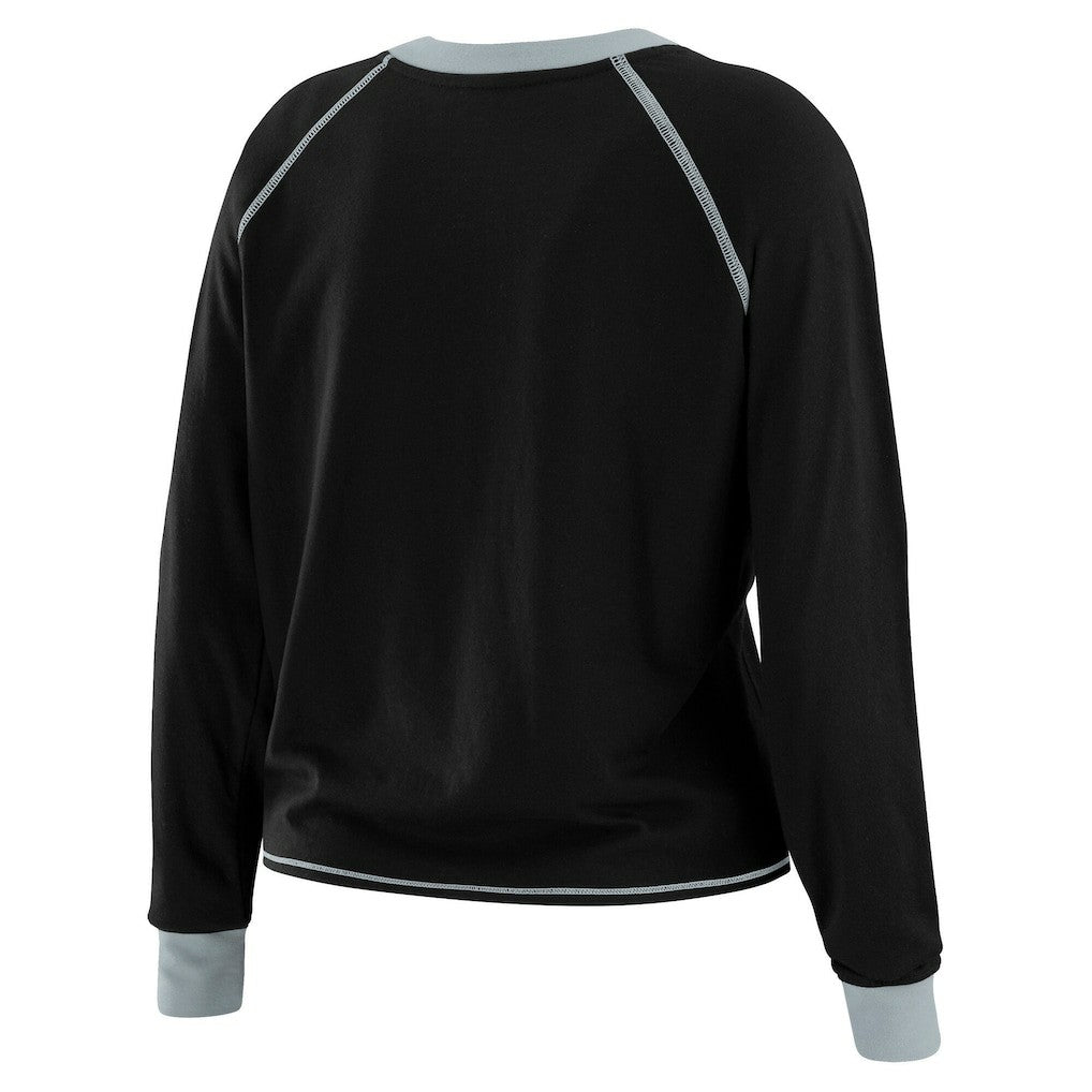Las Vegas Raiders WEAR by Erin Andrews Women's Plus Size Tie-Front Long Sleeve Top - Black/Gray for sale