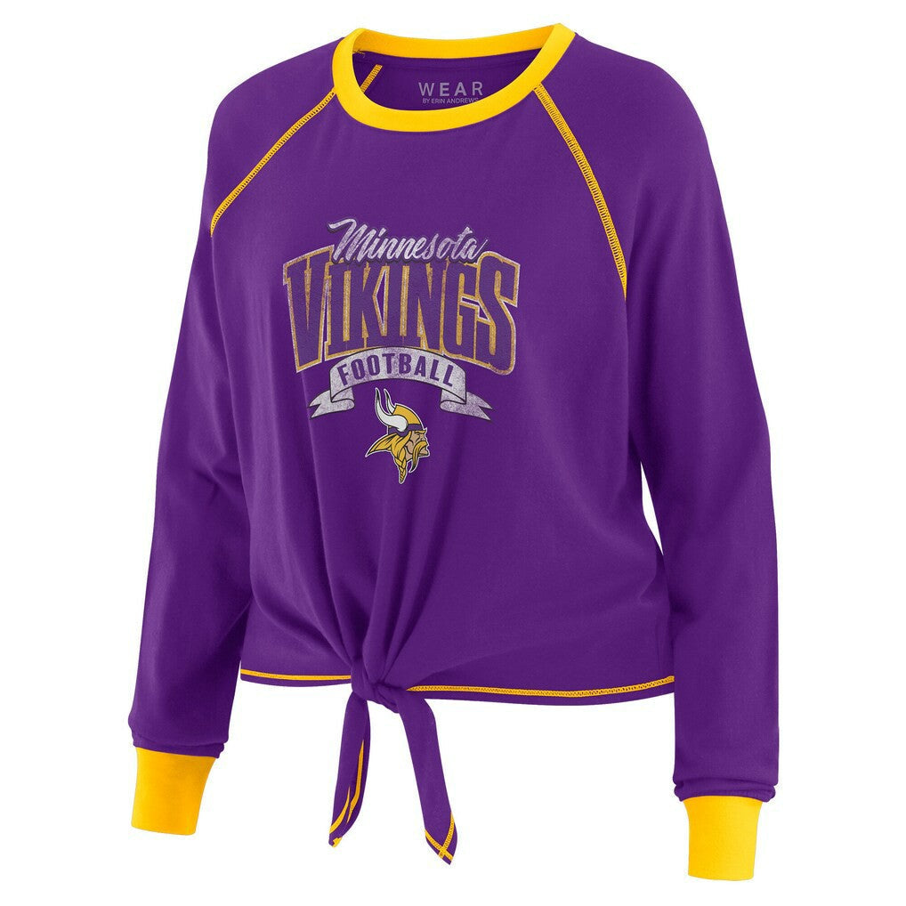 Minnesota Vikings WEAR by Erin Andrews Women's Plus Size Tie-Front Long Sleeve Top - Purple/Yellow for sale