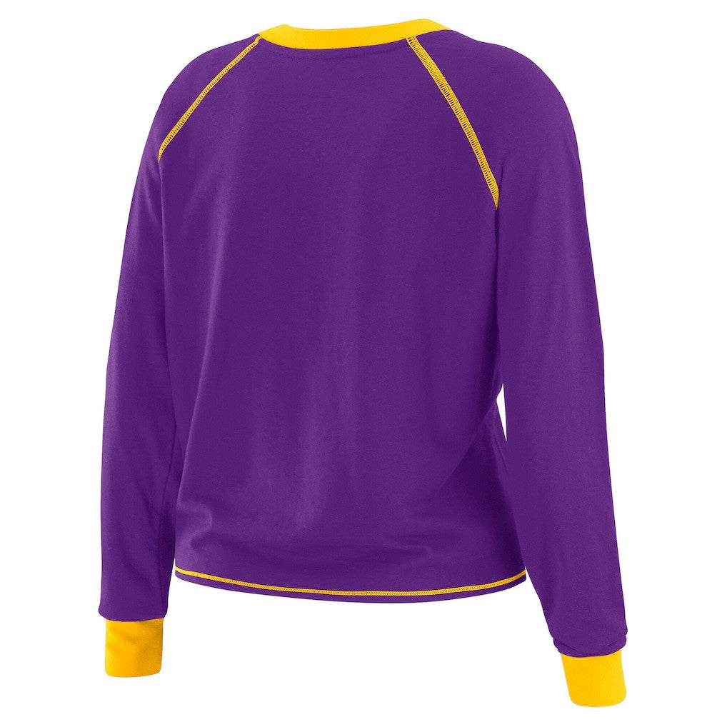 Minnesota Vikings WEAR by Erin Andrews Women's Plus Size Tie-Front Long Sleeve Top - Purple/Yellow for sale