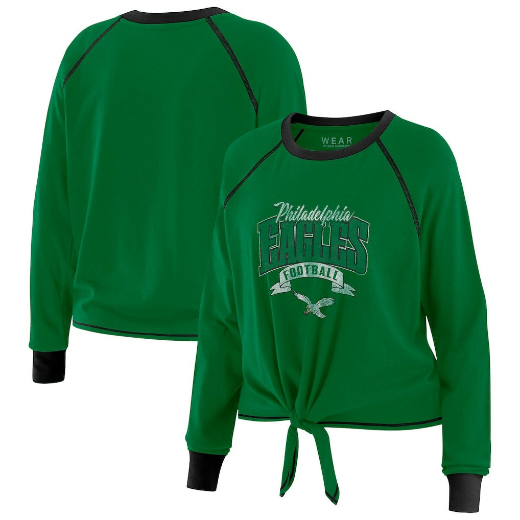 Philadelphia Eagles WEAR by Erin Andrews Women's Plus Size Tie-Front Long Sleeve Top - Green/Black for sale