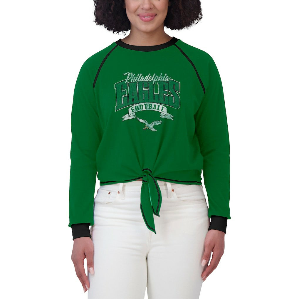 Philadelphia Eagles WEAR by Erin Andrews Women's Plus Size Tie-Front Long Sleeve Top - Green/Black for sale
