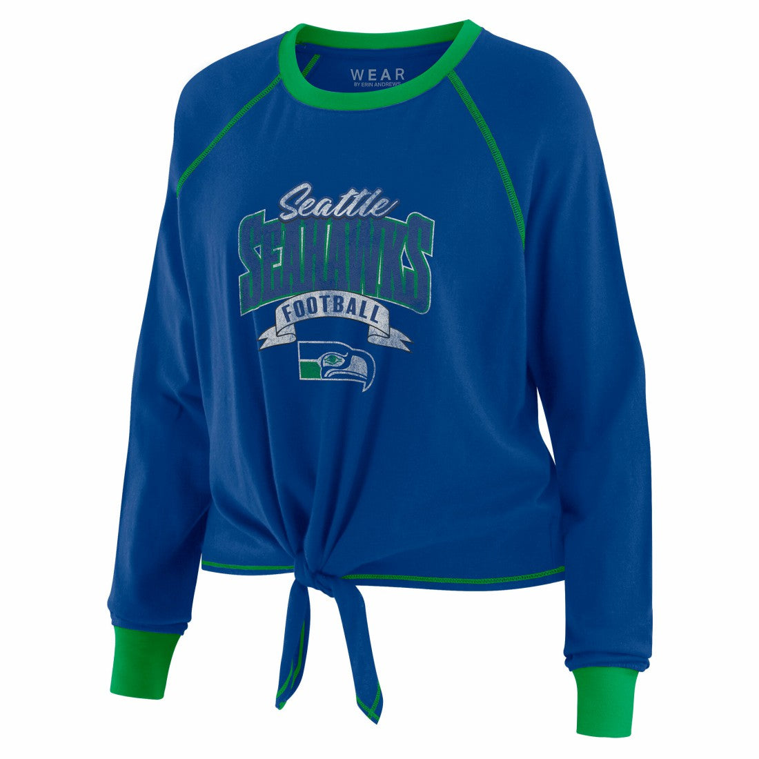 Seattle Seahawks WEAR by Erin Andrews Women's Plus Size Tie-Front Long Sleeve Top - Royal/Neon Green for sale