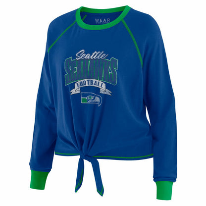 Seattle Seahawks WEAR by Erin Andrews Women's Plus Size Tie-Front Long Sleeve Top - Royal/Neon Green for sale
