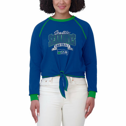 Seattle Seahawks WEAR by Erin Andrews Women's Plus Size Tie-Front Long Sleeve Top - Royal/Neon Green for sale