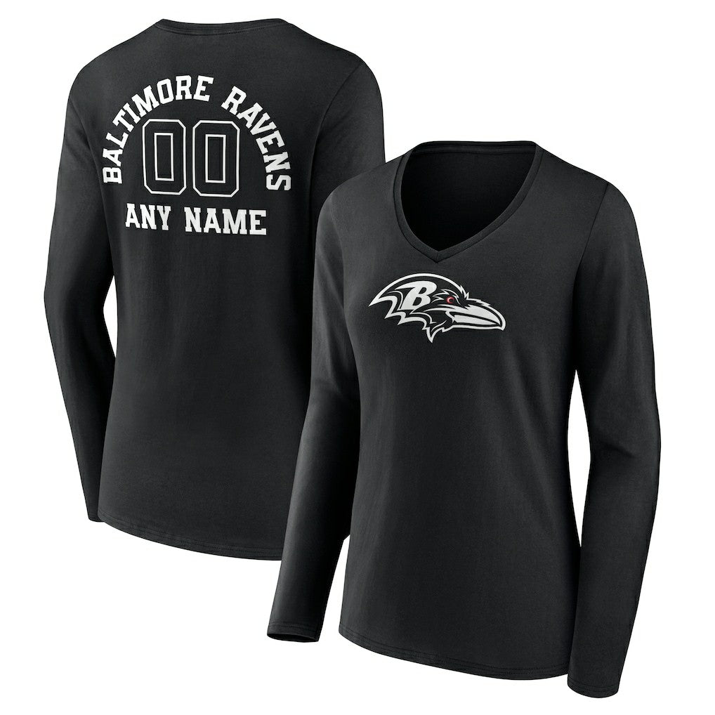 Baltimore Ravens Women's Personalized Name & Number Monochrome Long Sleeve V-Neck T-Shirt - Black on sale