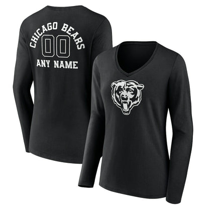 Chicago Bears Women's Personalized Name & Number Monochrome Long Sleeve V-Neck T-Shirt - Black outlet