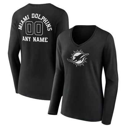 Miami Dolphins Women's Personalized Name & Number Monochrome Long Sleeve V-Neck T-Shirt - Black discount