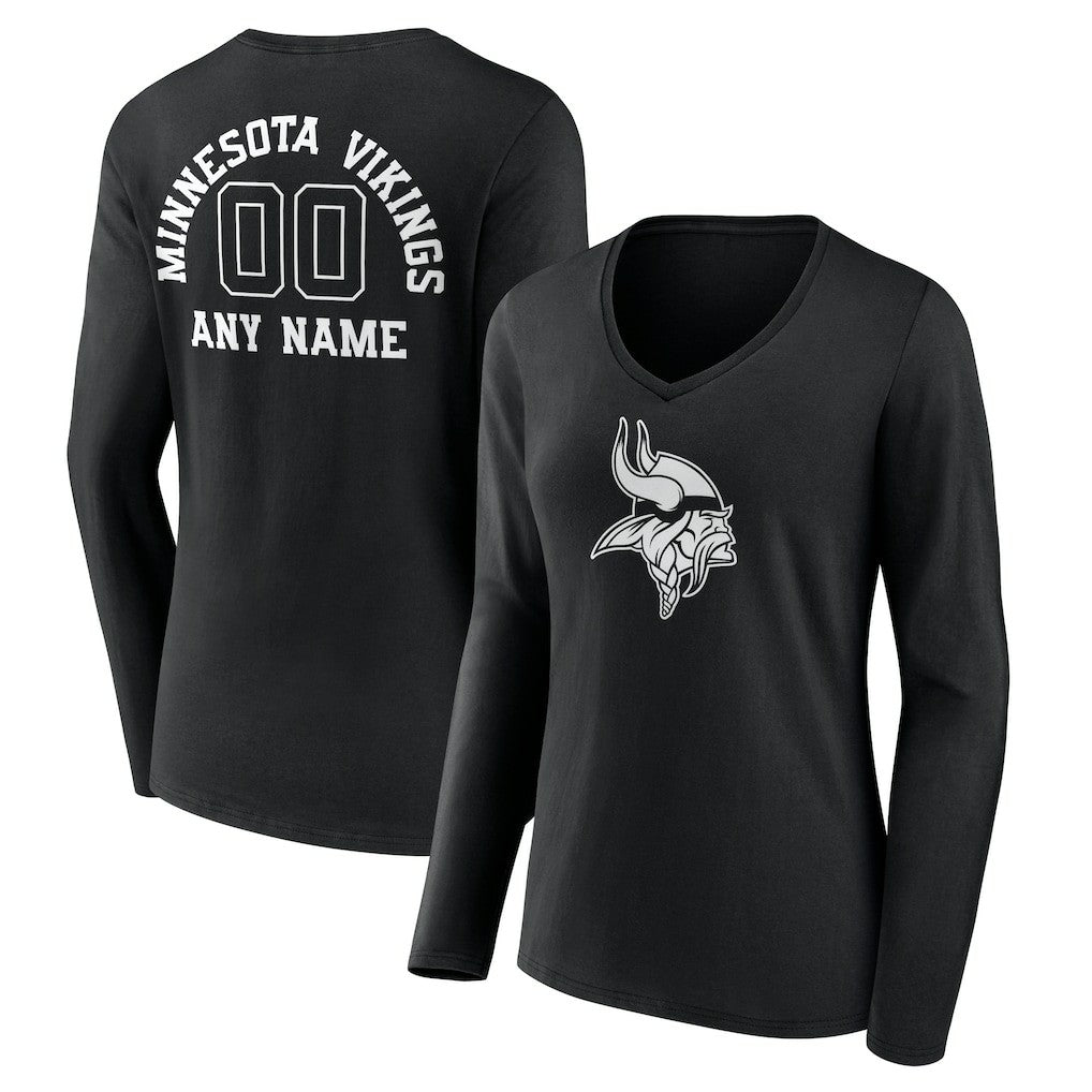 Minnesota Vikings Women's Personalized Name & Number Monochrome Long Sleeve V-Neck T-Shirt - Black for sale