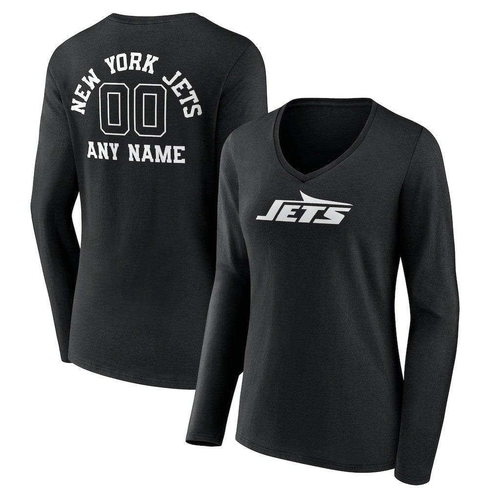 New York Jets Women's Personalized Name & Number Monochrome Long Sleeve V-Neck T-Shirt - Black on sale
