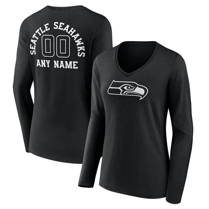 Seattle Seahawks Women's Personalized Name & Number Monochrome Long Sleeve V-Neck T-Shirt - Black on sale