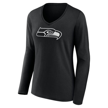 Seattle Seahawks Women's Personalized Name & Number Monochrome Long Sleeve V-Neck T-Shirt - Black on sale