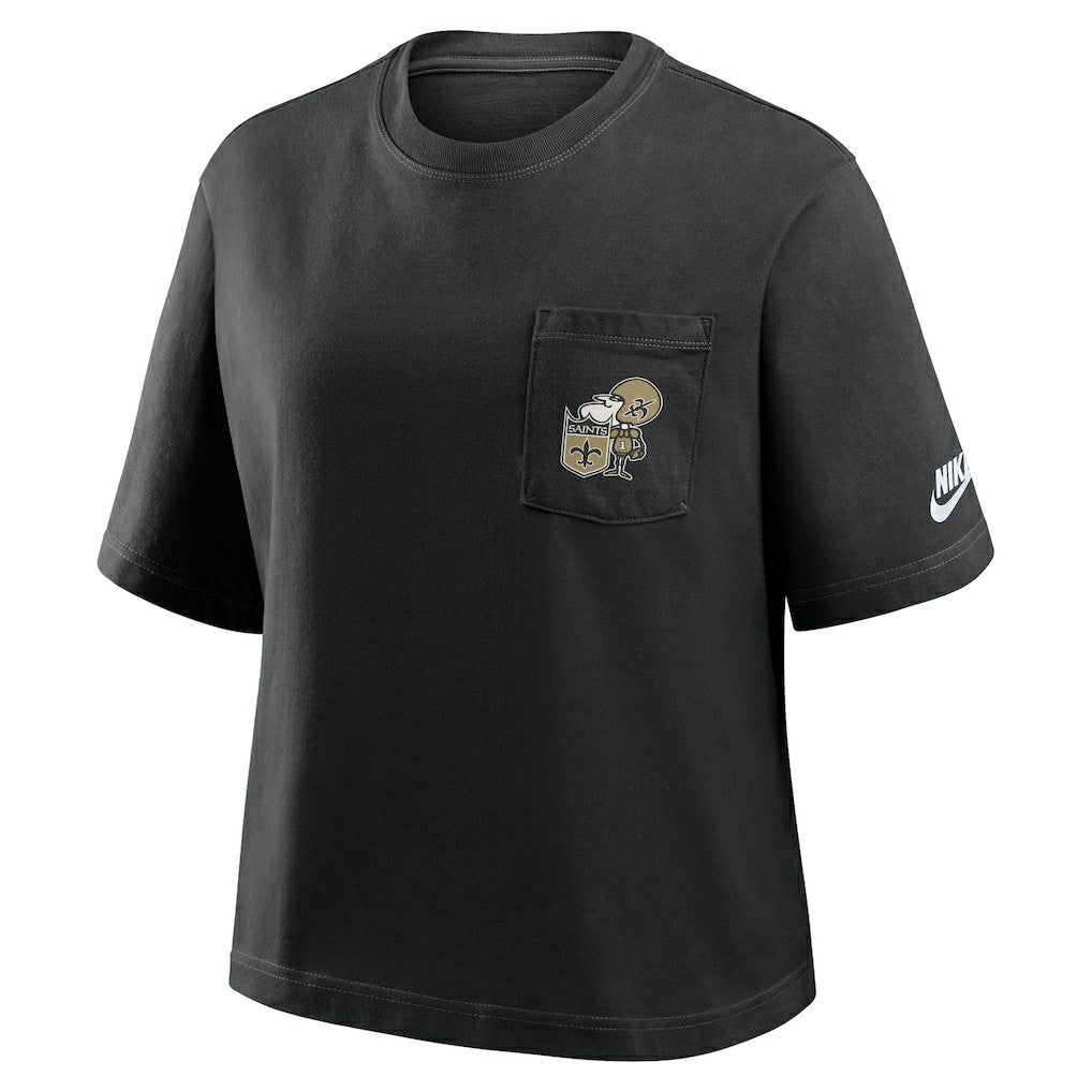 New Orleans Saints Women's Rewind Pocket Boxy T-Shirt - Black | Nike on sale