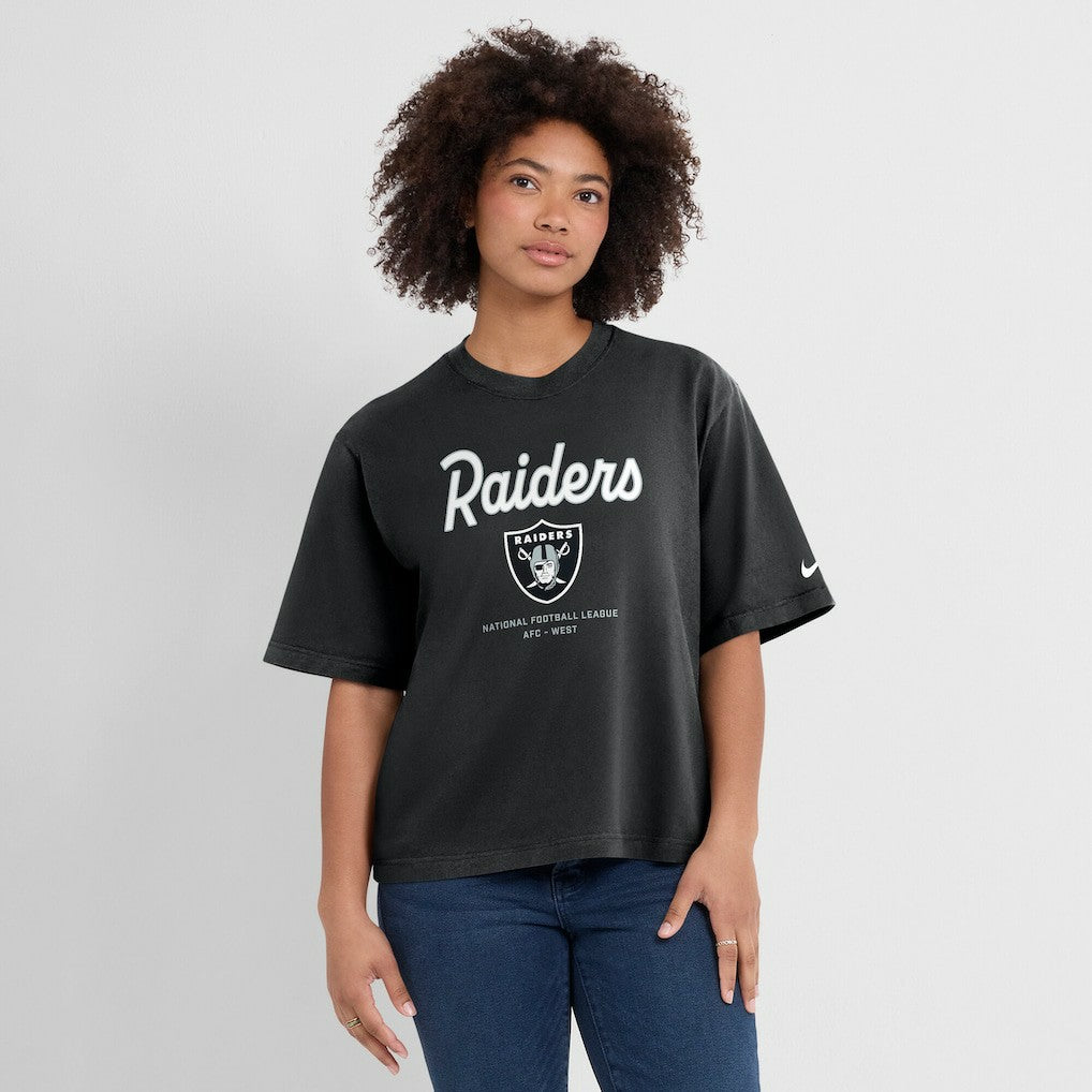 Las Vegas Raiders Women's Essential Script Relaxed Boxy T-Shirt - Black | Nike for sale