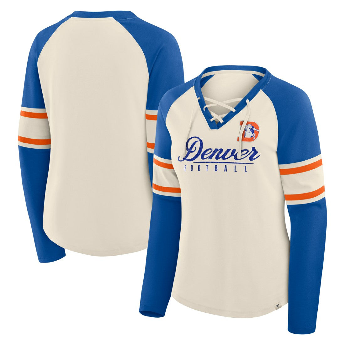 Denver Broncos Women's Hometown Gridiron Hero Raglan Lace-Up V-Neck Long Sleeve T-Shirt - Cream/Royal sale