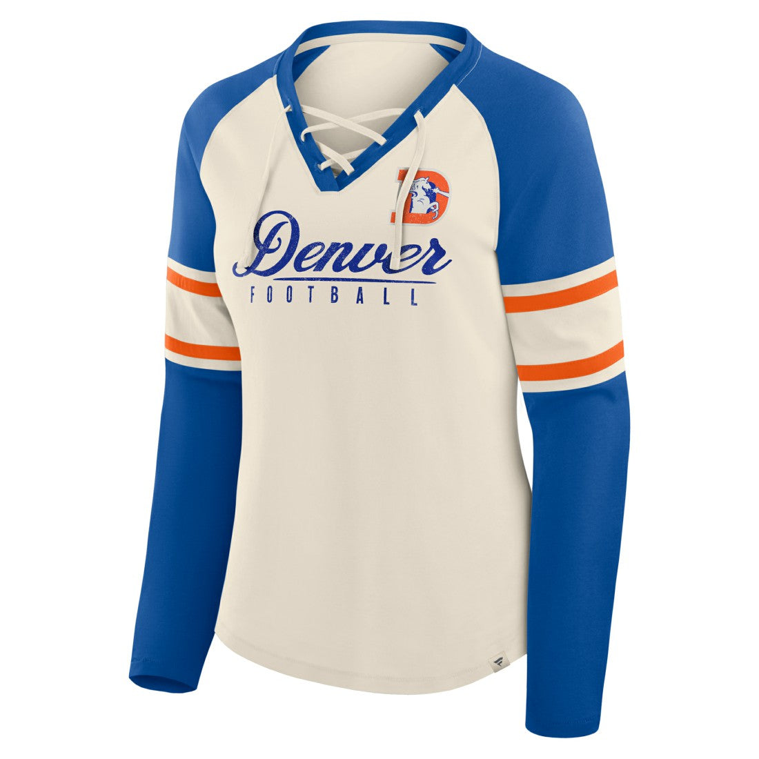 Denver Broncos Women's Hometown Gridiron Hero Raglan Lace-Up V-Neck Long Sleeve T-Shirt - Cream/Royal sale