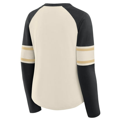 New Orleans Saints Women's Hometown Gridiron Hero Raglan Lace-Up V-Neck Long Sleeve T-Shirt - Cream/Black for sale