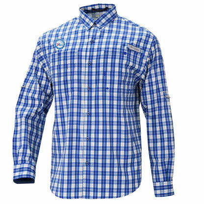 Philadelphia 76ers Super Tamiami Omni-Shade Long Sleeve Button-Down Shirt - Blue | Columbia for sale