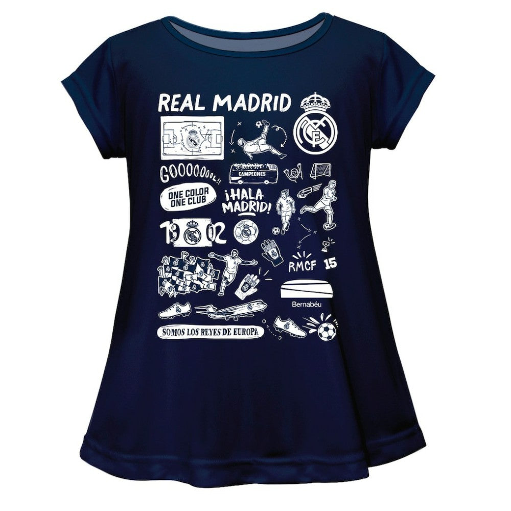Real Madrid Vive La Fete Girls Youth Impressions Artwork A-Line Top - Navy for sale