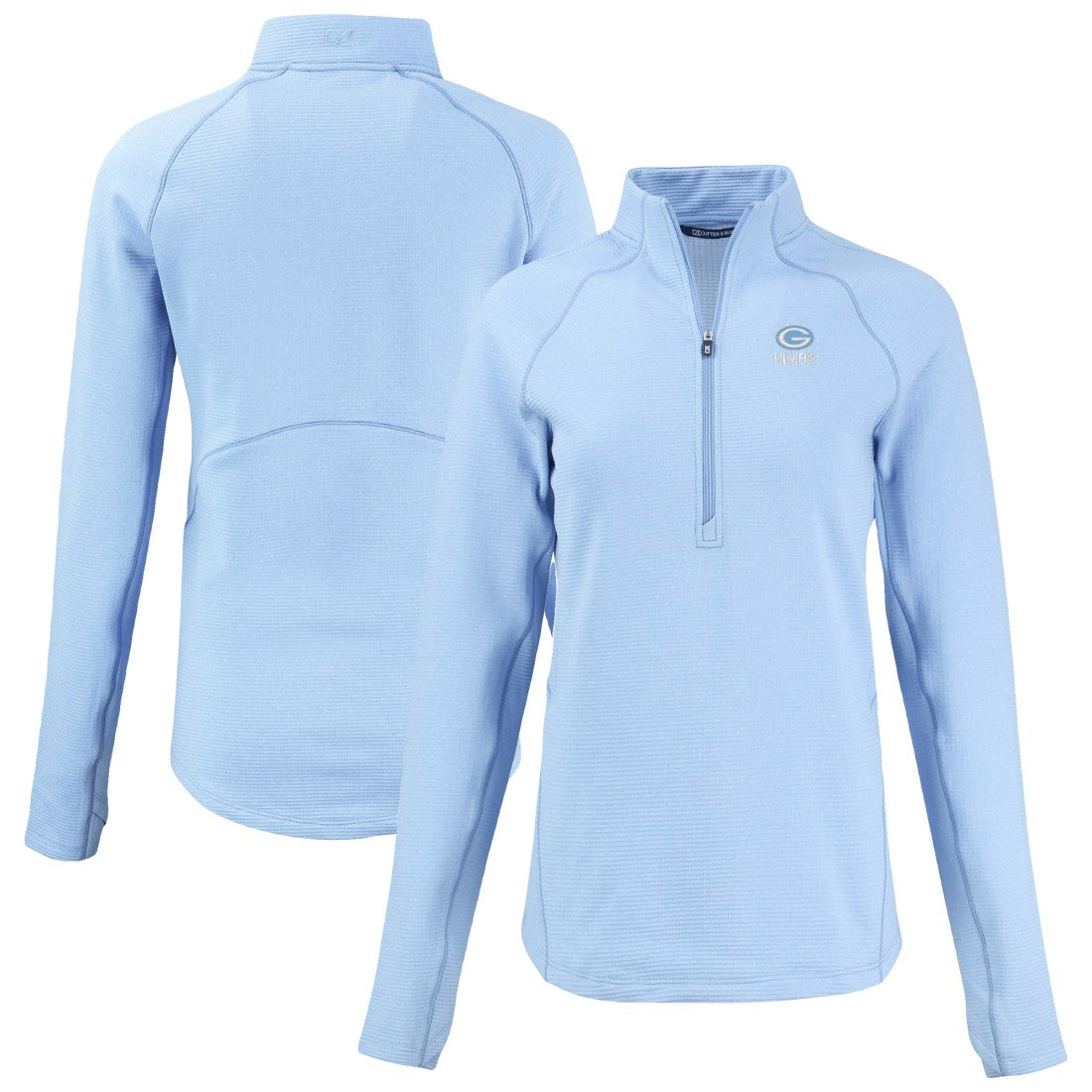Green Bay Packers Cutter & Buck Women's Peshastin Eco Fleece Recycled Half-Zip Top - Powder Blue for sale
