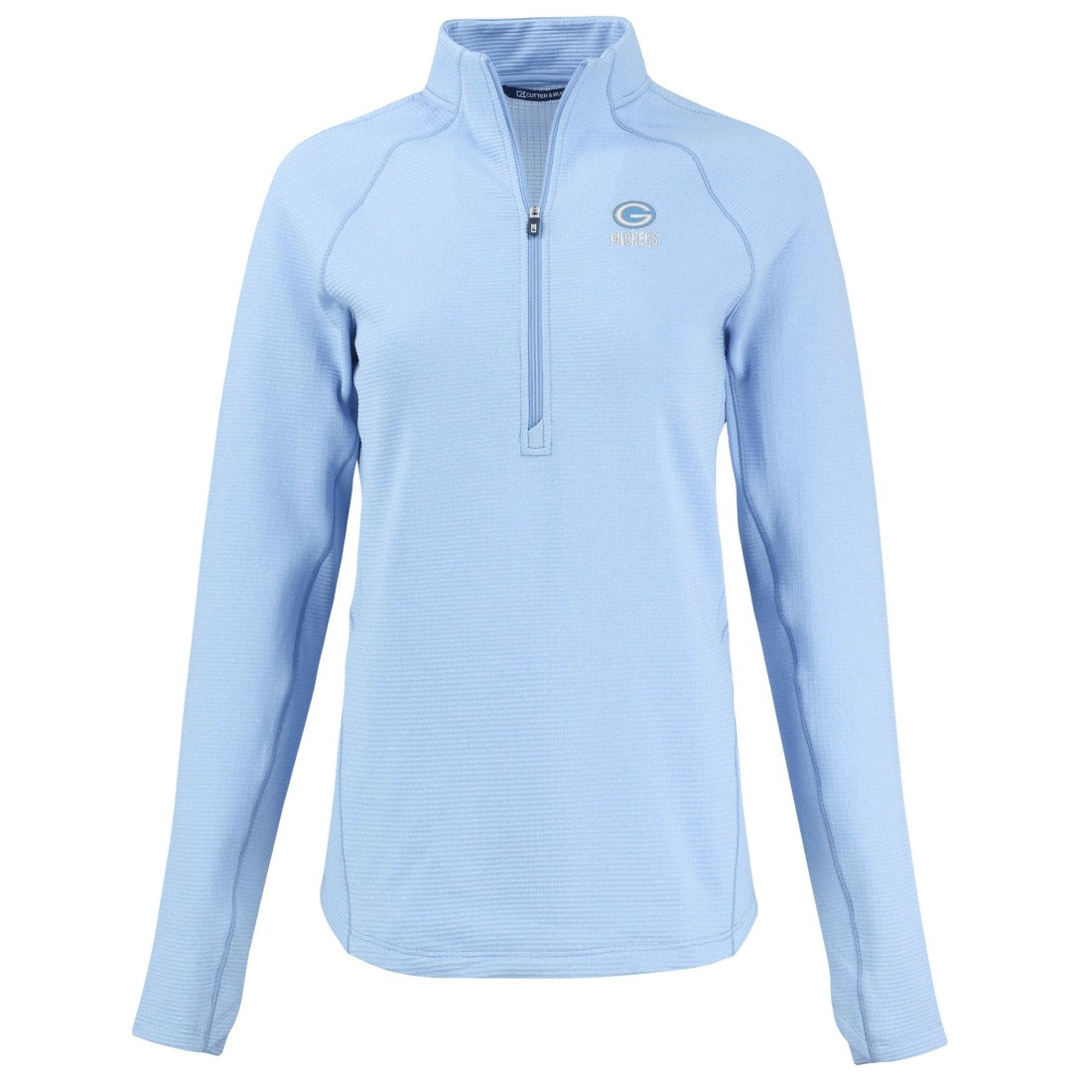 Green Bay Packers Cutter & Buck Women's Peshastin Eco Fleece Recycled Half-Zip Top - Powder Blue for sale
