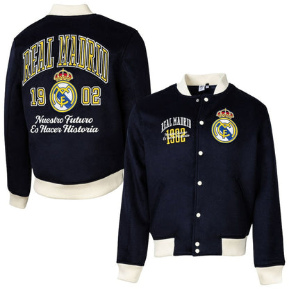 Real Madrid Sport Design Sweden Free Kick Wool Varsity Jacket - Navy for sale