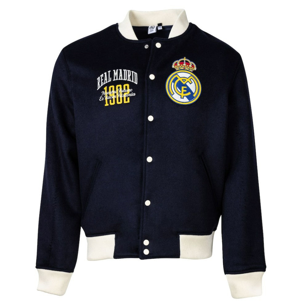 Real Madrid Sport Design Sweden Free Kick Wool Varsity Jacket - Navy for sale