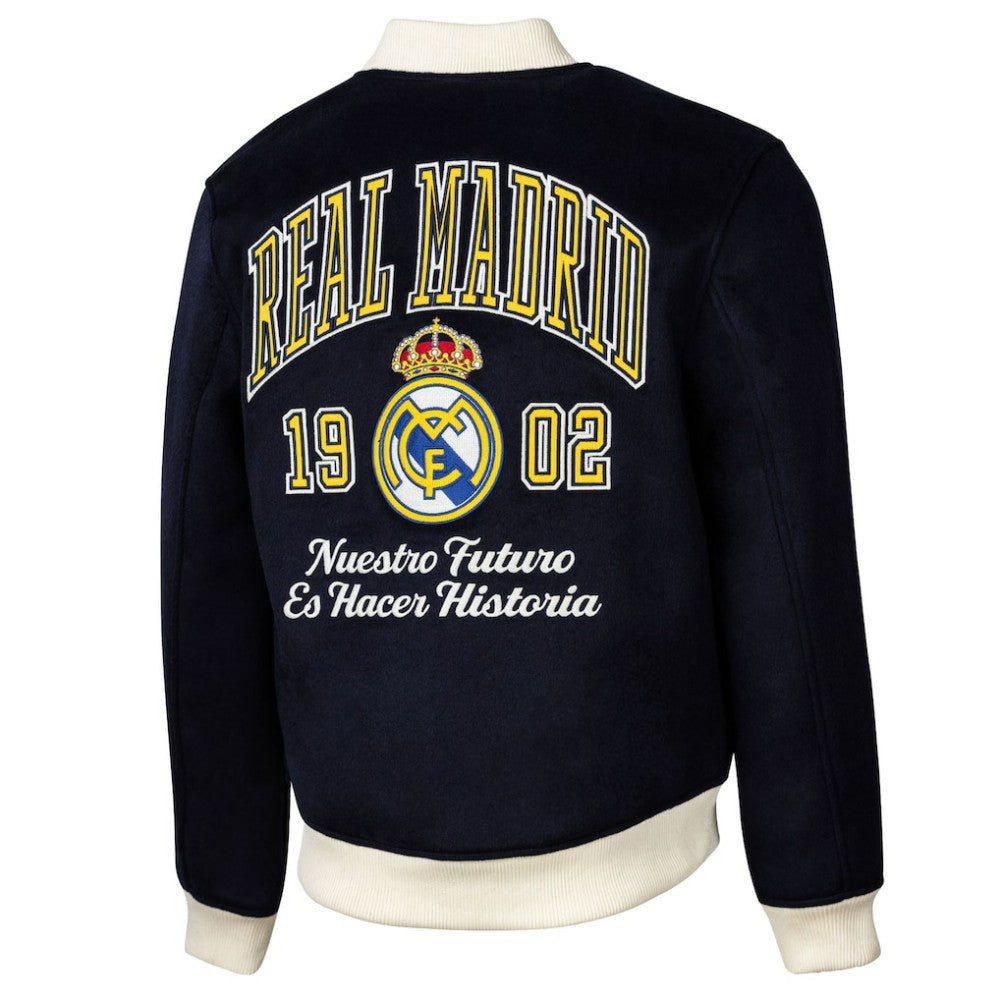 Real Madrid Sport Design Sweden Free Kick Wool Varsity Jacket - Navy for sale