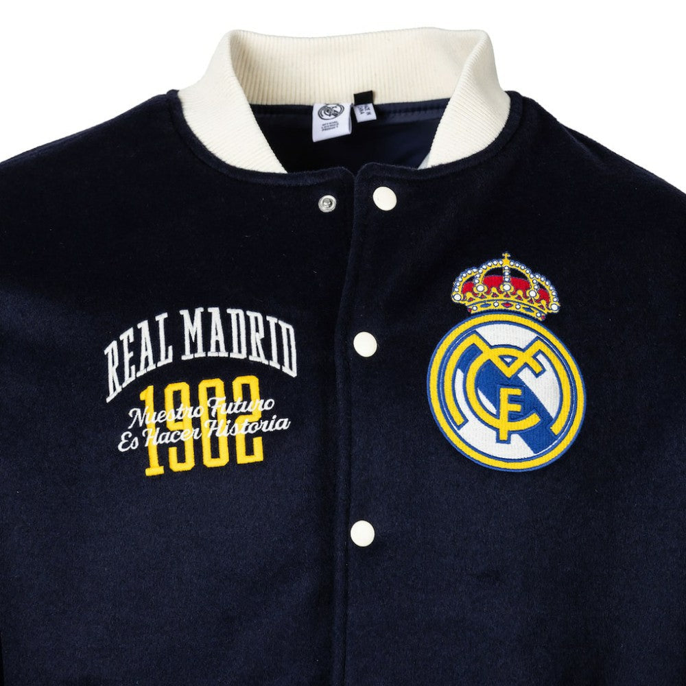 Real Madrid Sport Design Sweden Free Kick Wool Varsity Jacket - Navy for sale