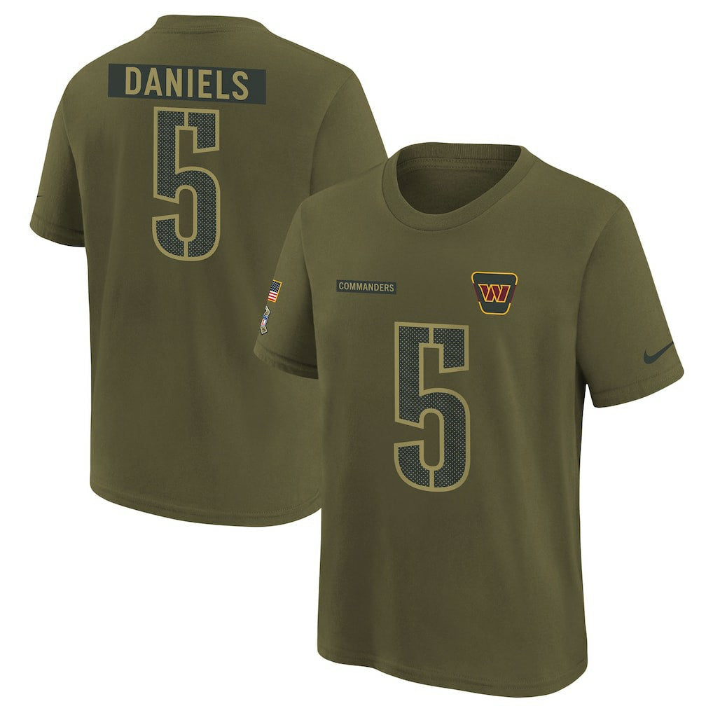 Jayden Daniels Washington Commanders Youth 2025 Salute to Service Name & Number T-Shirt - Olive | Nike for sale
