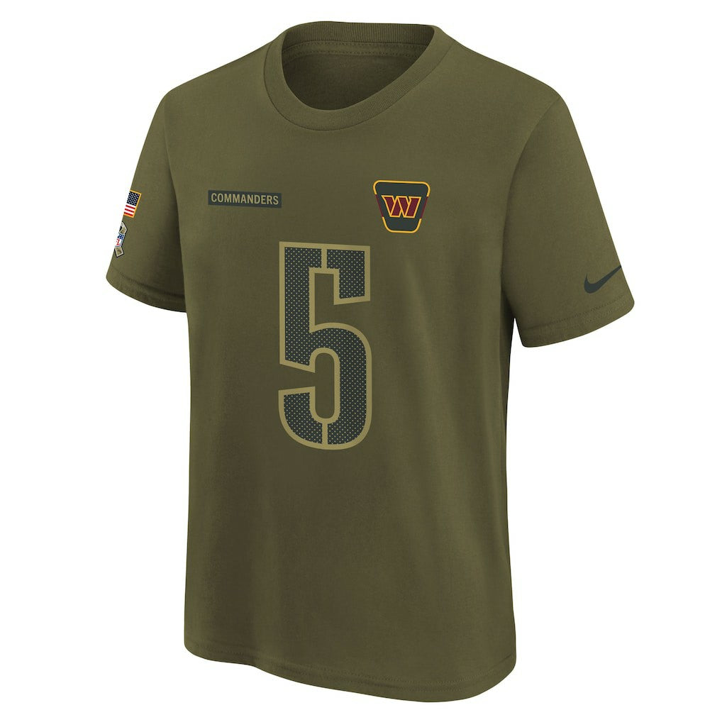 Jayden Daniels Washington Commanders Youth 2025 Salute to Service Name & Number T-Shirt - Olive | Nike for sale