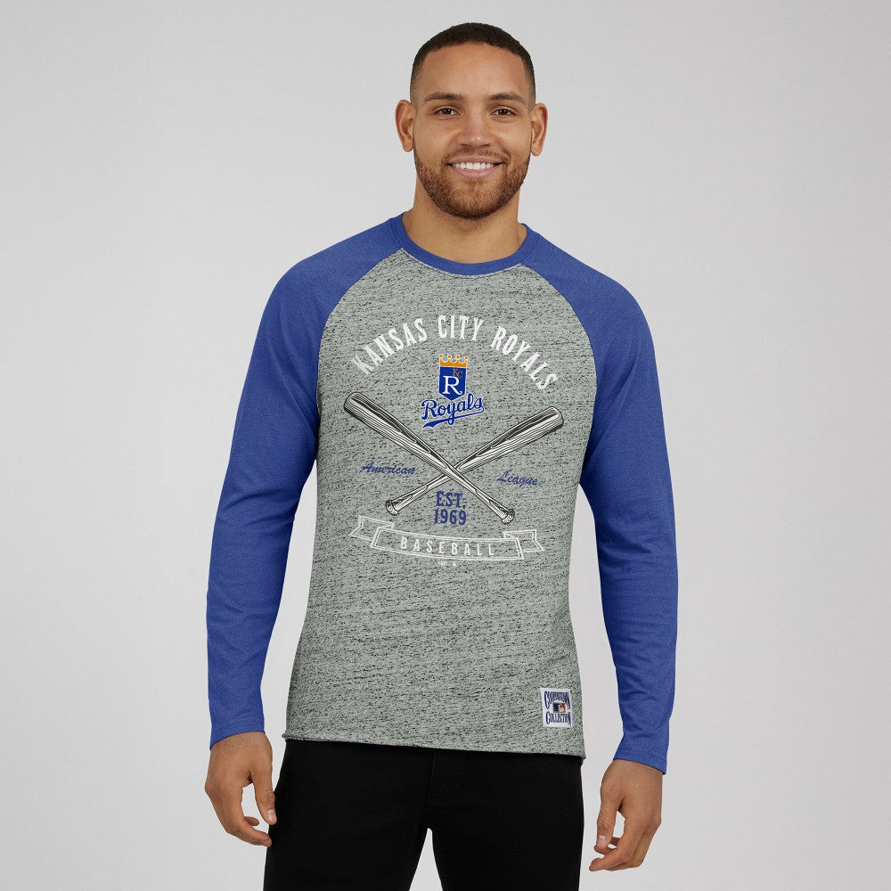 Kansas City Royals Darius Rucker Collection Raw Edge Raglan Long Sleeve Baseball T-Shirt - Heather Gray
