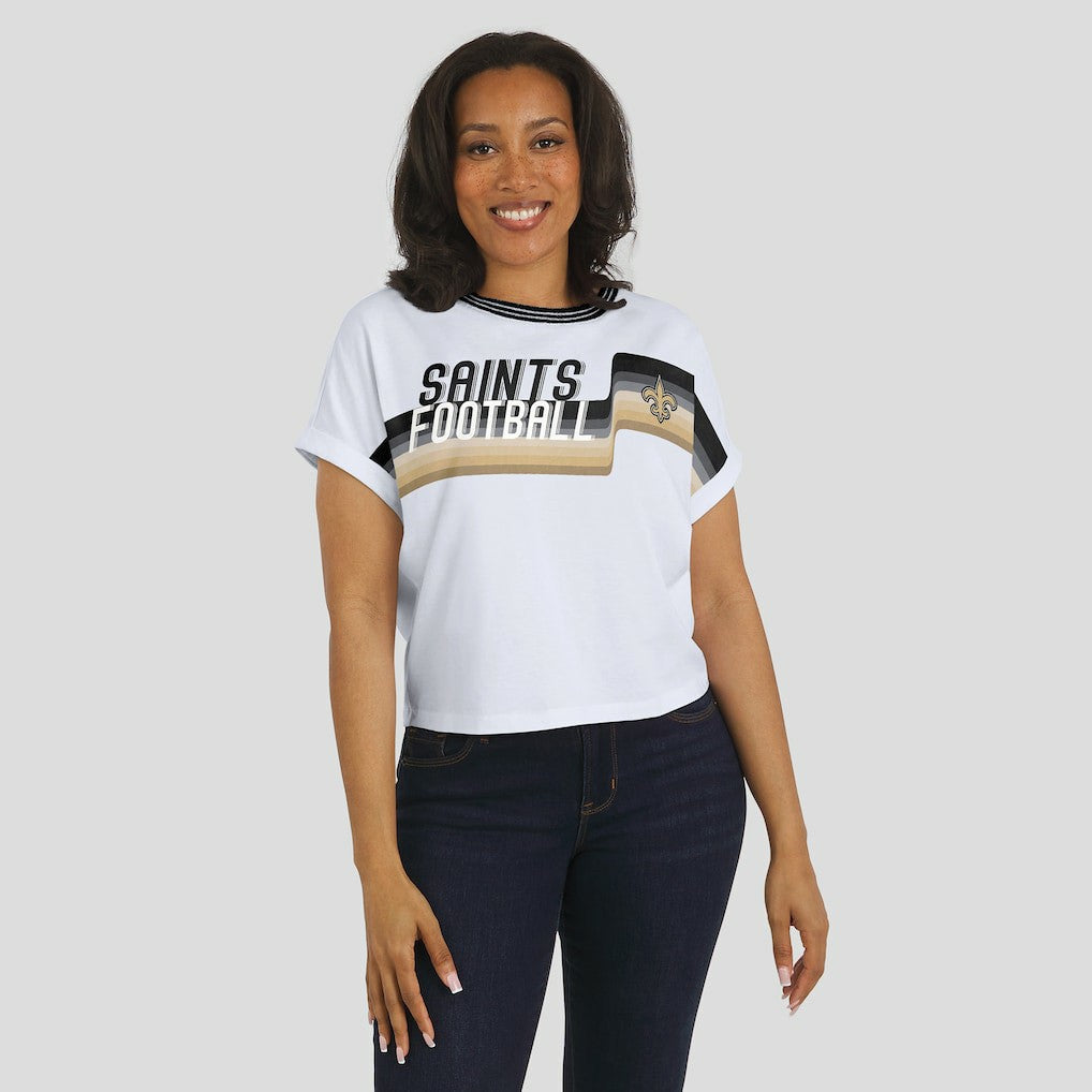New Orleans Saints WEAR by Erin Andrews Women's Cropped Center Stripe Dolman T-Shirt - White on sale