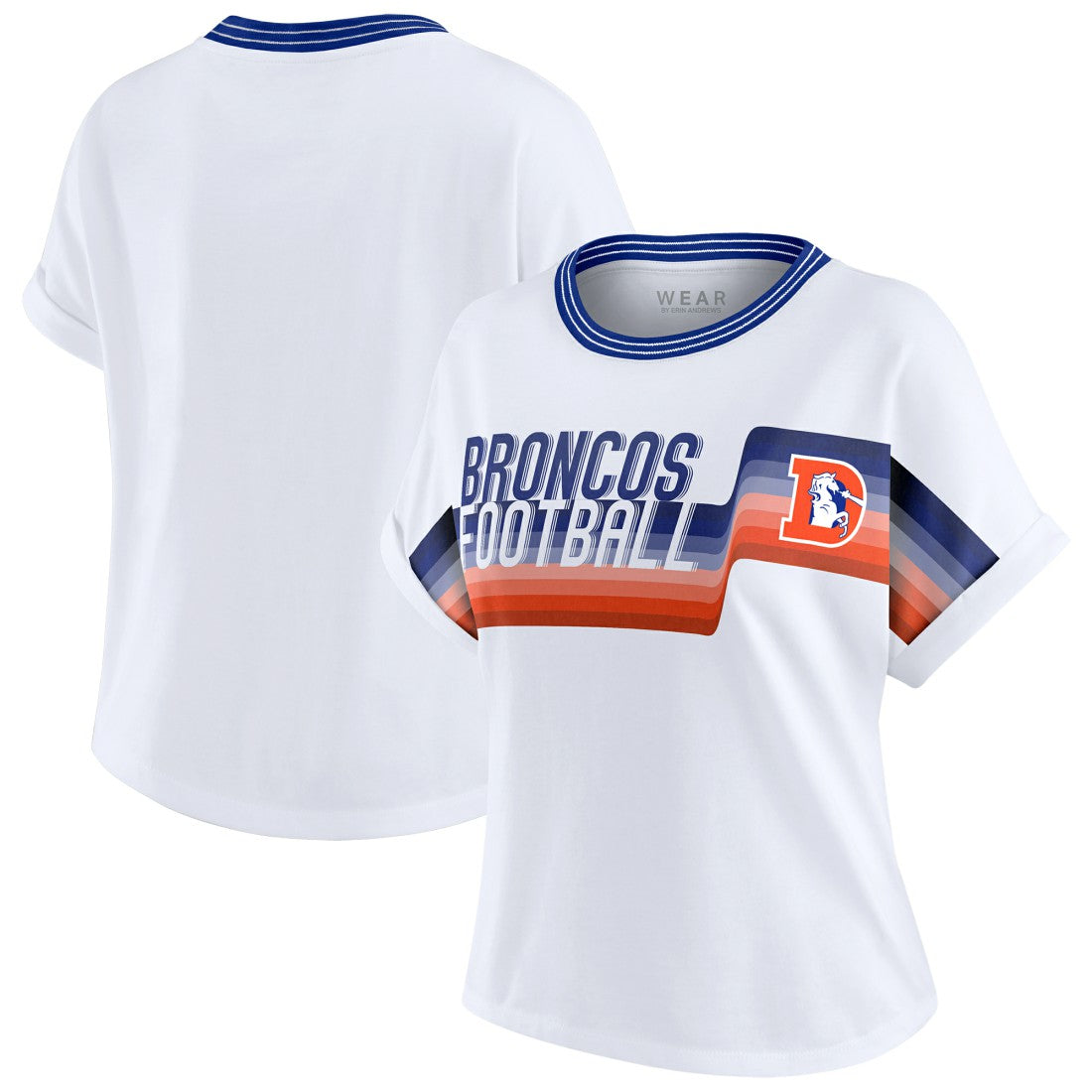 Denver Broncos WEAR by Erin Andrews Women's Cropped Center Stripe Dolman T-Shirt - White discount