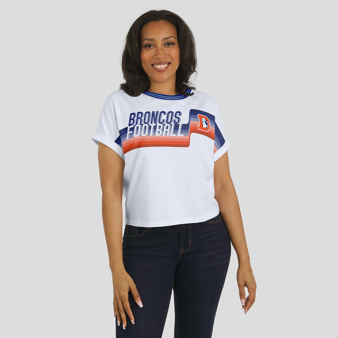 Denver Broncos WEAR by Erin Andrews Women's Cropped Center Stripe Dolman T-Shirt - White discount