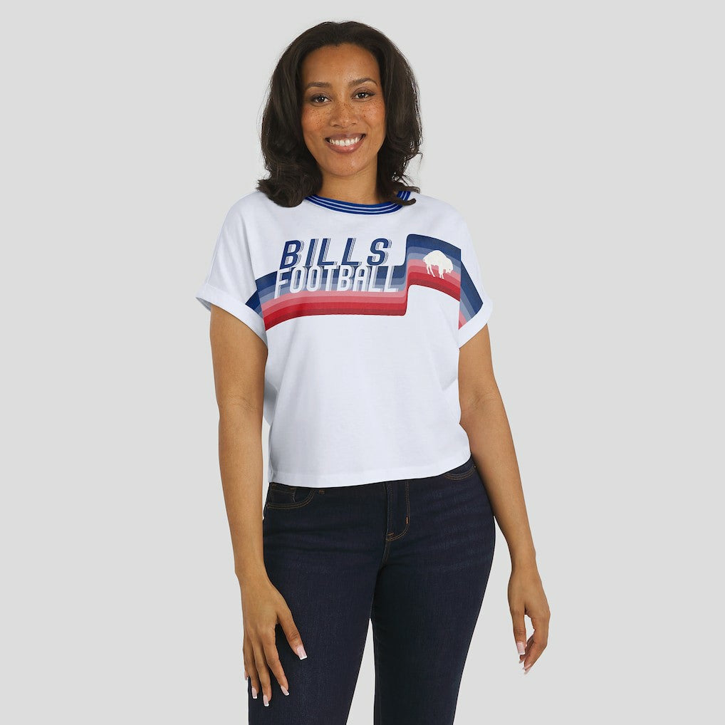 Buffalo Bills WEAR by Erin Andrews Women's Cropped Center Stripe Dolman T-Shirt - White online