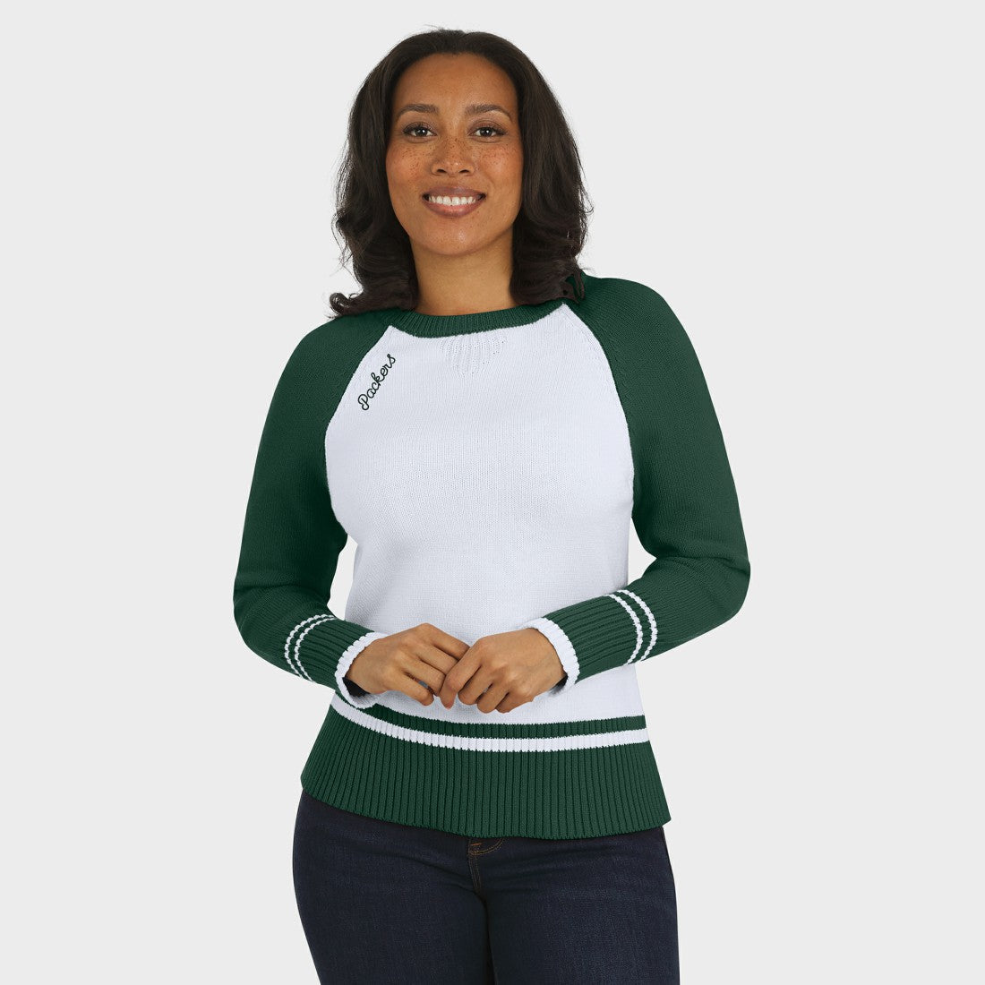 Green Bay Packers WEAR by Erin Andrews Women's Colorblock Raglan Sweater - White/Green on sale