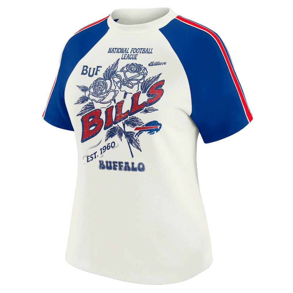 Buffalo Bills WEAR by Erin Andrews Women's Sleeve Stripe Distressed Raglan T-Shirt - White for sale