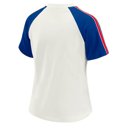 Buffalo Bills WEAR by Erin Andrews Women's Sleeve Stripe Distressed Raglan T-Shirt - White for sale