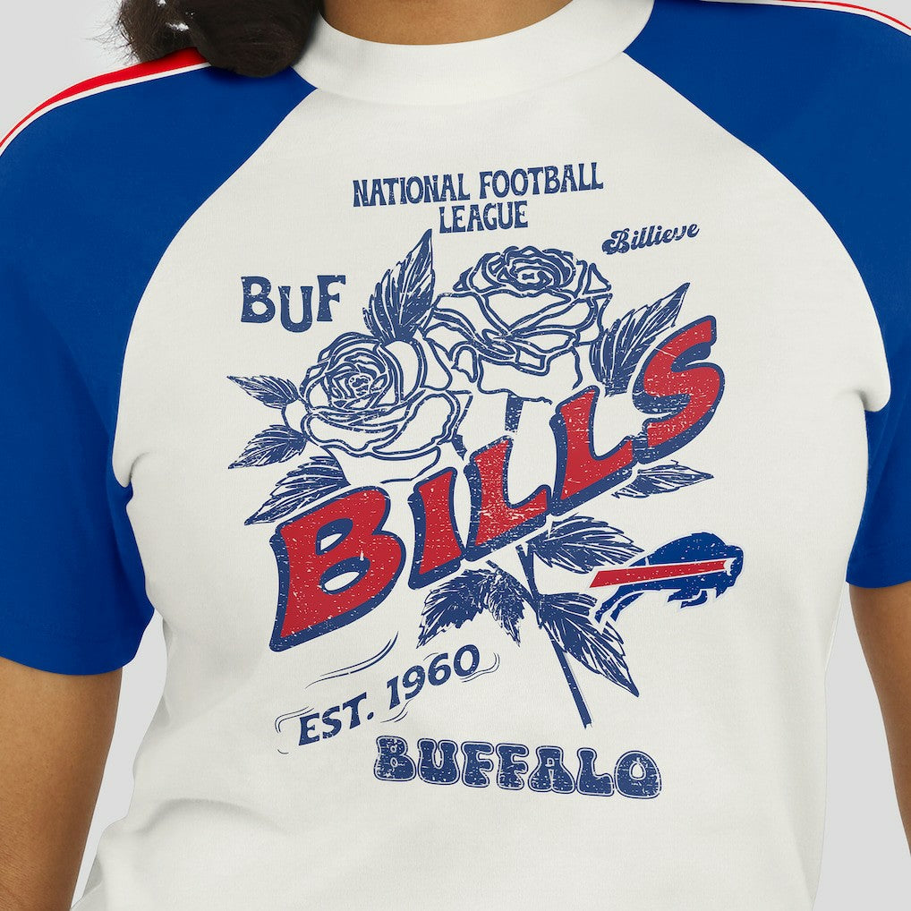 Buffalo Bills WEAR by Erin Andrews Women's Sleeve Stripe Distressed Raglan T-Shirt - White for sale
