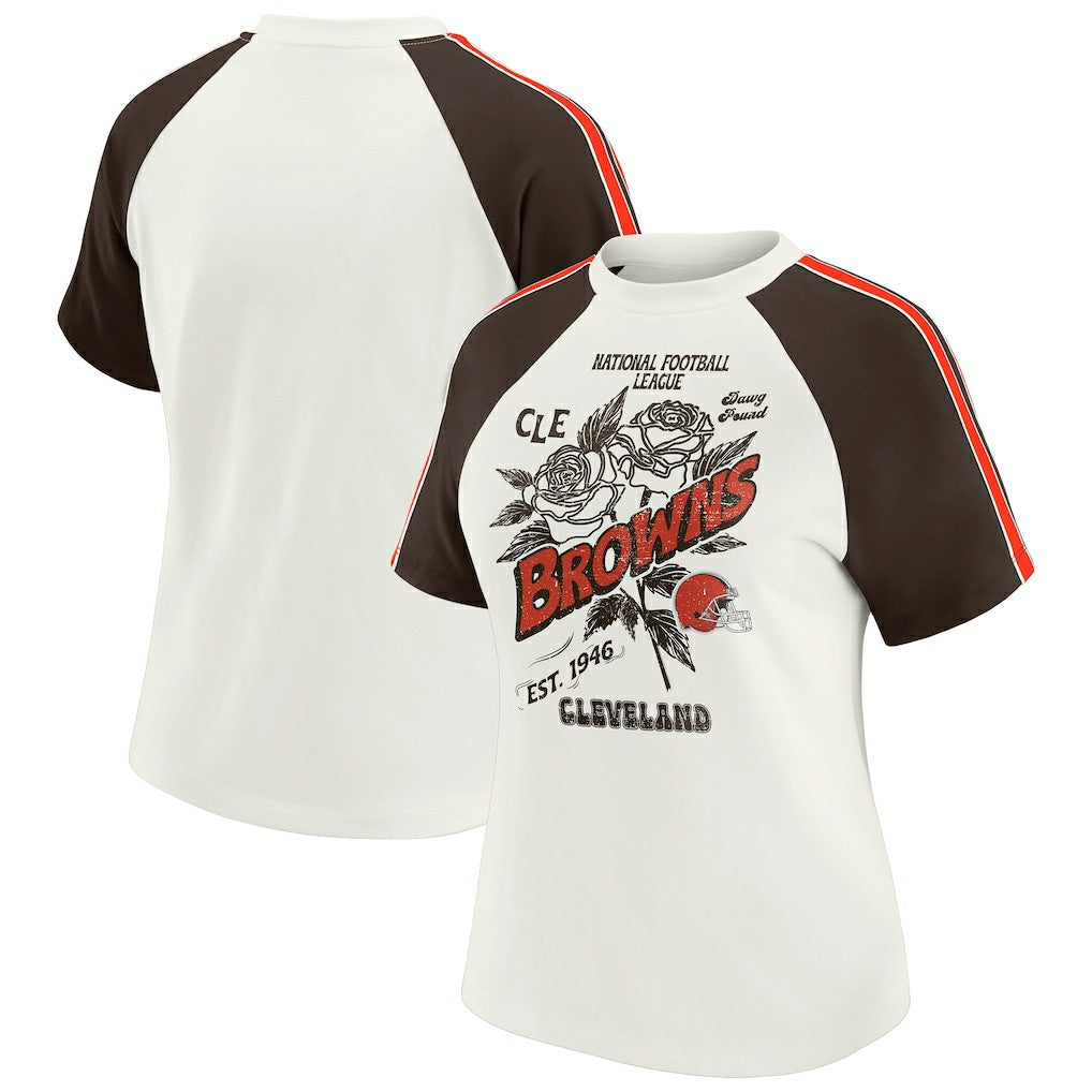 Cleveland Browns WEAR by Erin Andrews Women's Sleeve Stripe Distressed Raglan T-Shirt - White discount