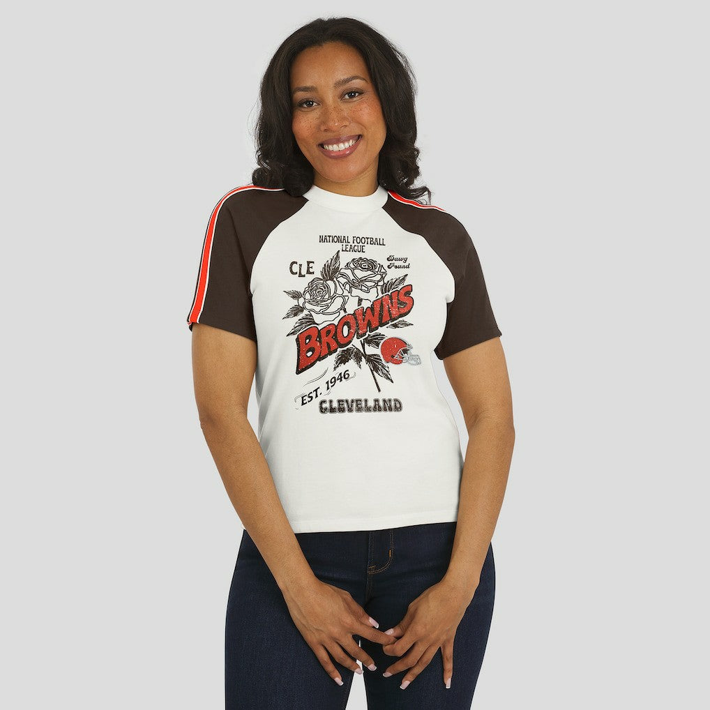 Cleveland Browns WEAR by Erin Andrews Women's Sleeve Stripe Distressed Raglan T-Shirt - White discount