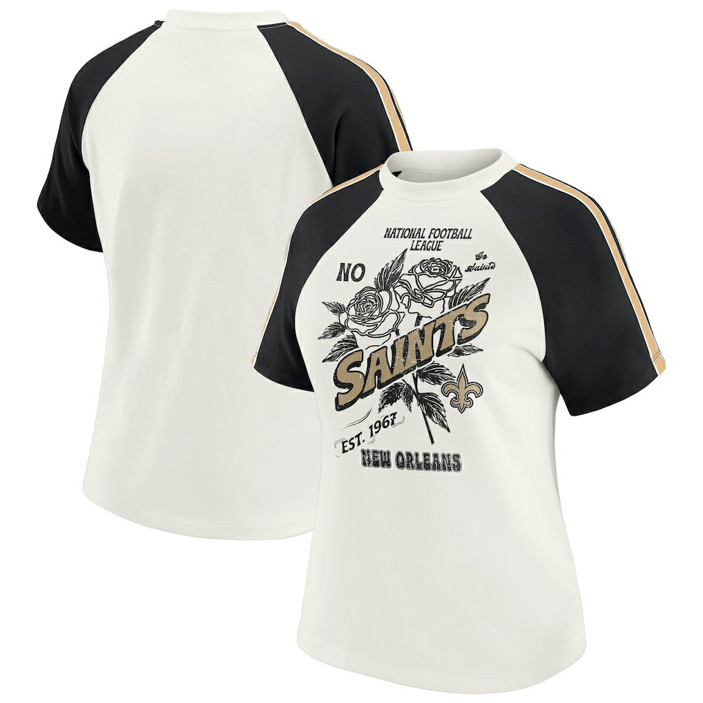 New Orleans Saints WEAR by Erin Andrews Women's Sleeve Stripe Distressed Raglan T-Shirt - White cheap