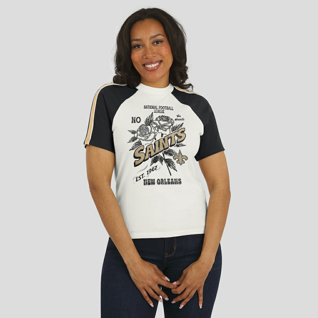 New Orleans Saints WEAR by Erin Andrews Women's Sleeve Stripe Distressed Raglan T-Shirt - White cheap