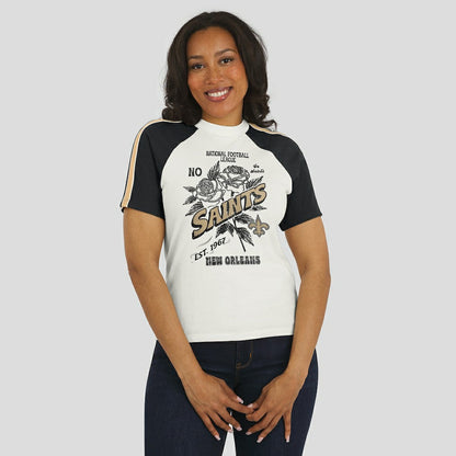 New Orleans Saints WEAR by Erin Andrews Women's Sleeve Stripe Distressed Raglan T-Shirt - White cheap