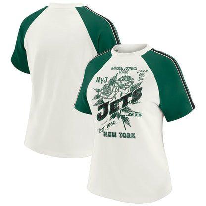 New York Jets WEAR by Erin Andrews Women's Sleeve Stripe Distressed Raglan T-Shirt - White for sale
