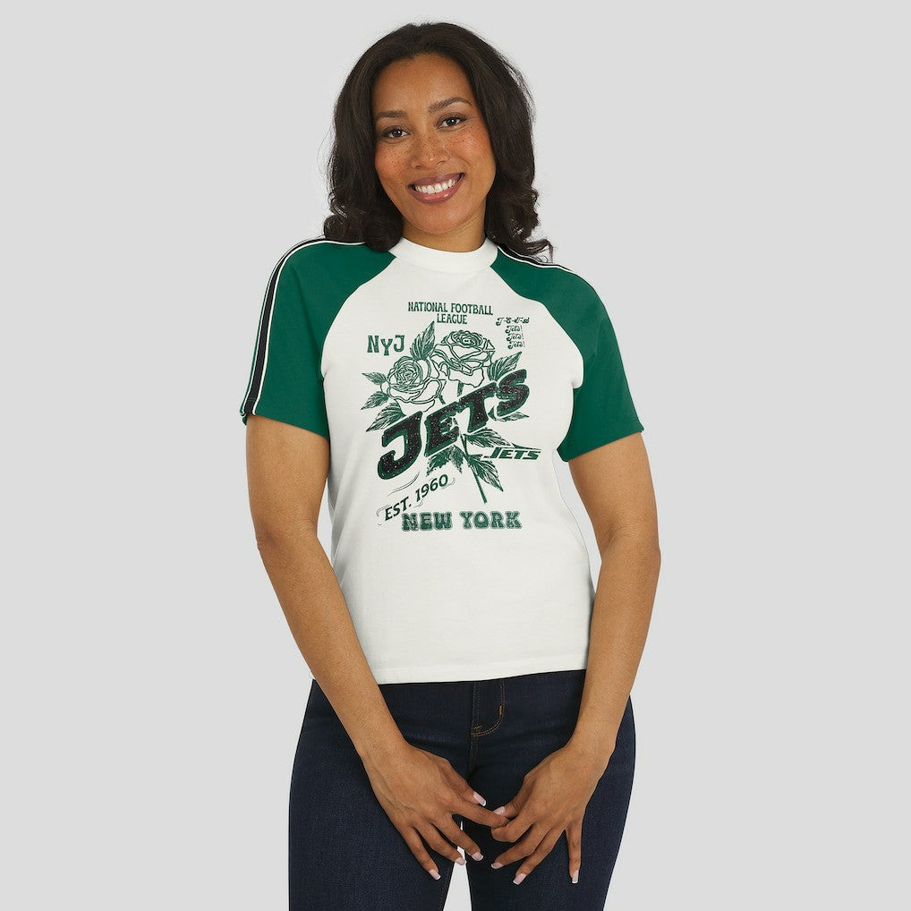 New York Jets WEAR by Erin Andrews Women's Sleeve Stripe Distressed Raglan T-Shirt - White for sale