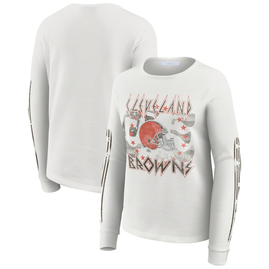 Cleveland Browns WEAR by Erin Andrews Women's Graphic Waffle Long-Sleeve T-Shirt - White for sale
