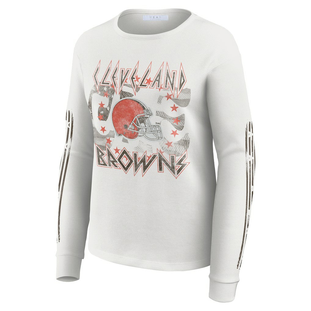 Cleveland Browns WEAR by Erin Andrews Women's Graphic Waffle Long-Sleeve T-Shirt - White for sale